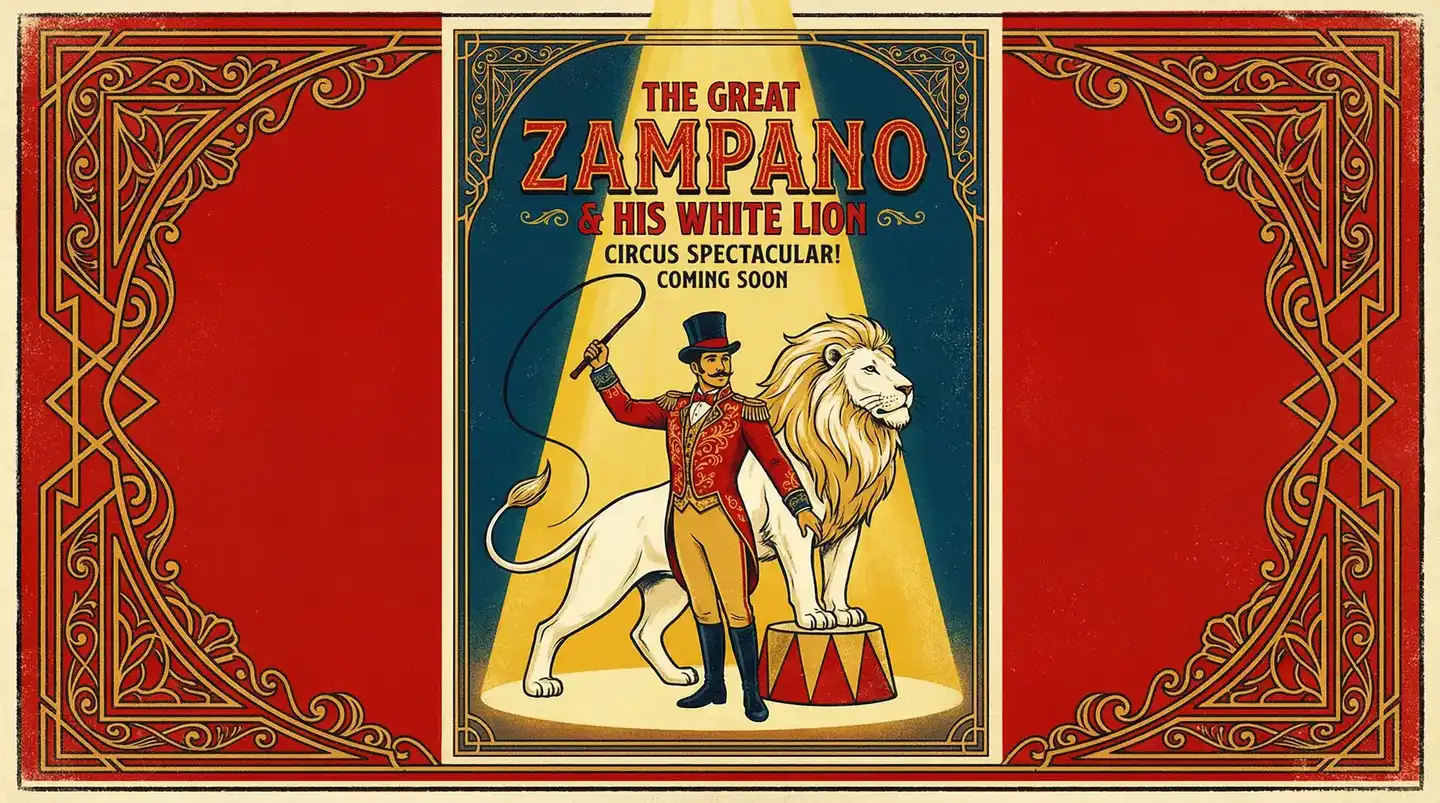 非凡娱乐 - 驯兽师与白狮共舞的复古海报风格封面