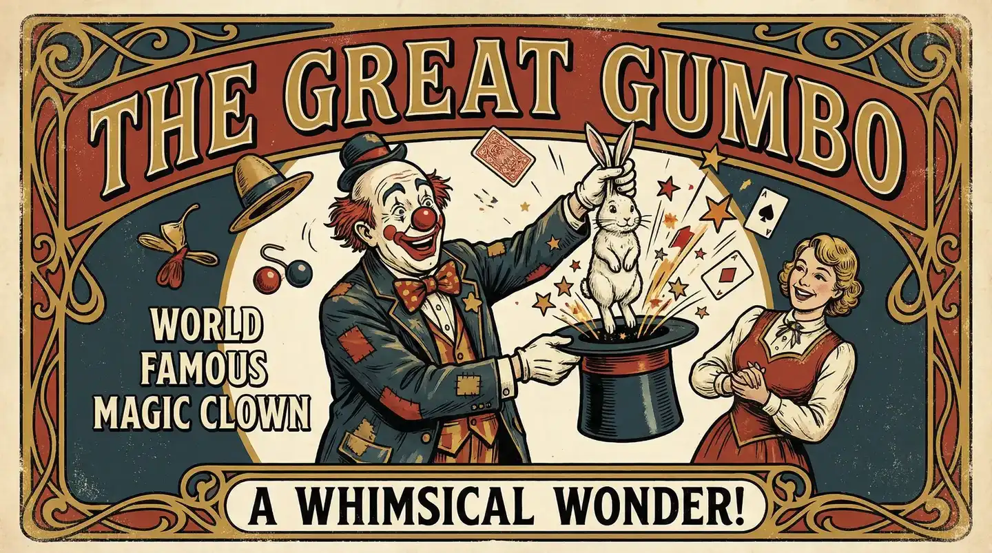 非凡娱乐 - 滑稽小丑魔术表演的复古海报风格封面